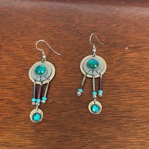 Silver drop earrings with green/blue stones